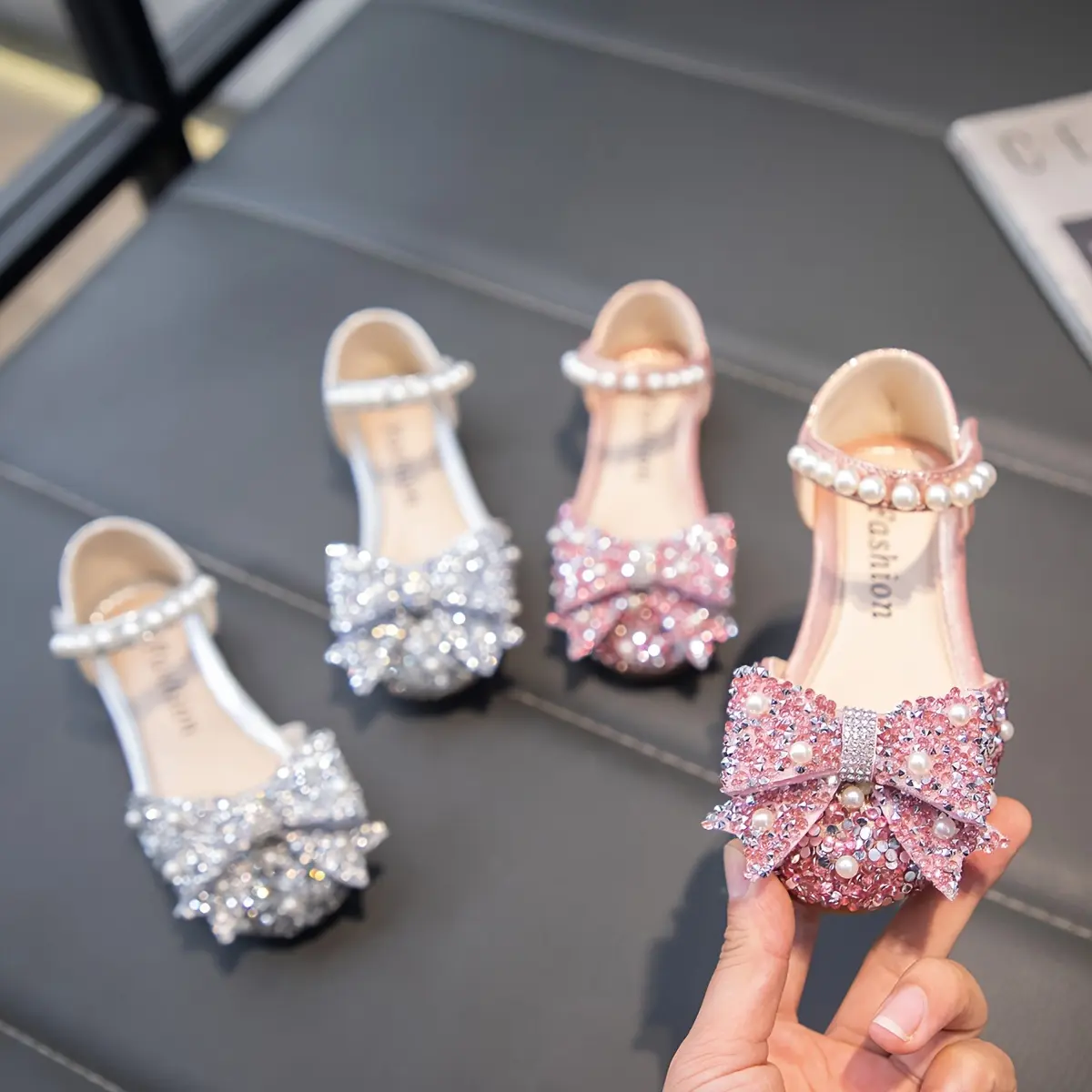 Women's Rhinestone-Stars Embellished Glossy Patterned PU Leather Pointed-Toe Slip-On Ballerina Flats, Casual Spring-Summer Fashion Shoes