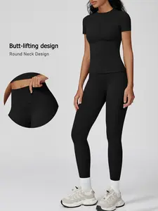 Women's High Elasticity Sportswear Set, Stretchable Activewear, Half-High Neck Short Sleeve Top & High-Waisted Skinny Pants, Breathable Sweat-Release Yoga Gym Wear