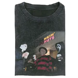 Horror Movie Characters Graphic Tee – Vintage Black T-Shirt with Michael Myers, Freddy Krueger & Ghostface at Dunkin Donuts, Funny Halloween Streetwear Shirt for Men and Women
