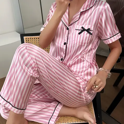Women's Luxury Striped Satin Sleepwear Set, Soft Fabric Short Sleeve Button-Up Top and Elastic Waist Pants, Casual Home Clothing Loungewear Pjs Set