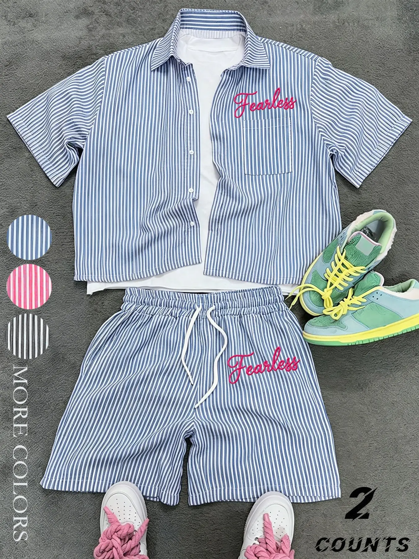 Unisex Stylish Vintage Retro Style Striped Short Sleeve Shirt and Shorts Set, Pocket Shirt and Drawstring Waist Shorts, Casual Loose-fit Matching Set