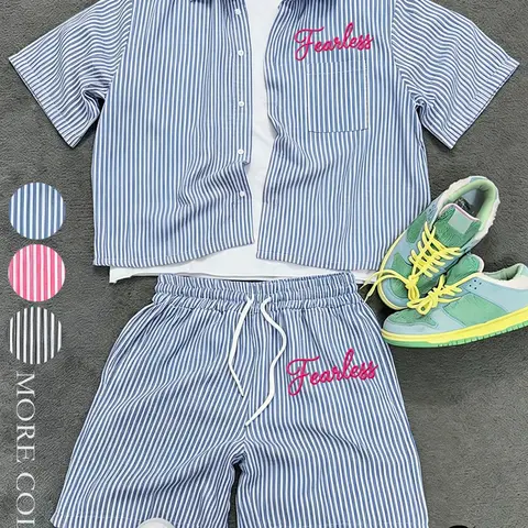 Unisex Stylish Vintage Retro Style Striped Short Sleeve Shirt and Shorts Set, Pocket Shirt and Drawstring Waist Shorts, Casual Loose-fit Matching Outfit Set
