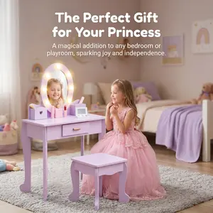 YJ-Garvee Children's Vanity Set with Illuminated Mirror Wooden Makeup Playset Table (37"H)x 23.6"L x 11.8"W)and Chair for Ages 4-9 in Pink Safe Durable MDF Material ASTM CPSIA Certified
