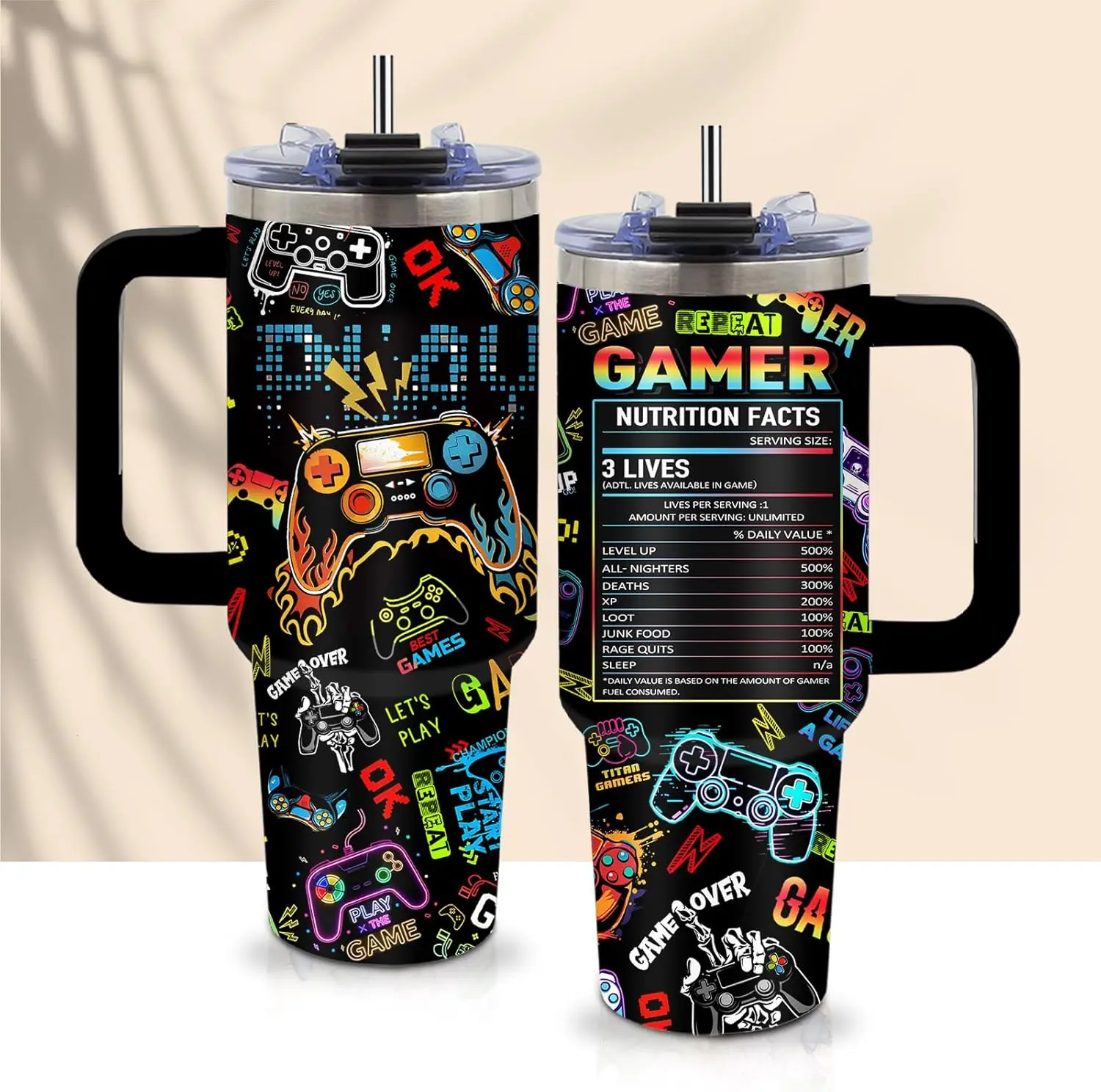 40oz Stainless Steel Gamer Insulated Tumbler with Classic Gamepad Pattern, Kitchenware Vacuum Flask Mug, Birthday Gift for Teen Boys & Game Lovers