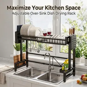 Adjustable Over Sink Dish Drying Rack, Expandable Kitchen Sink Organizer with Utensil Hooks, Knife Holder & Cutting Board Stand, Anti-Rust Stainless Steel Drainer for Kitchen Storage