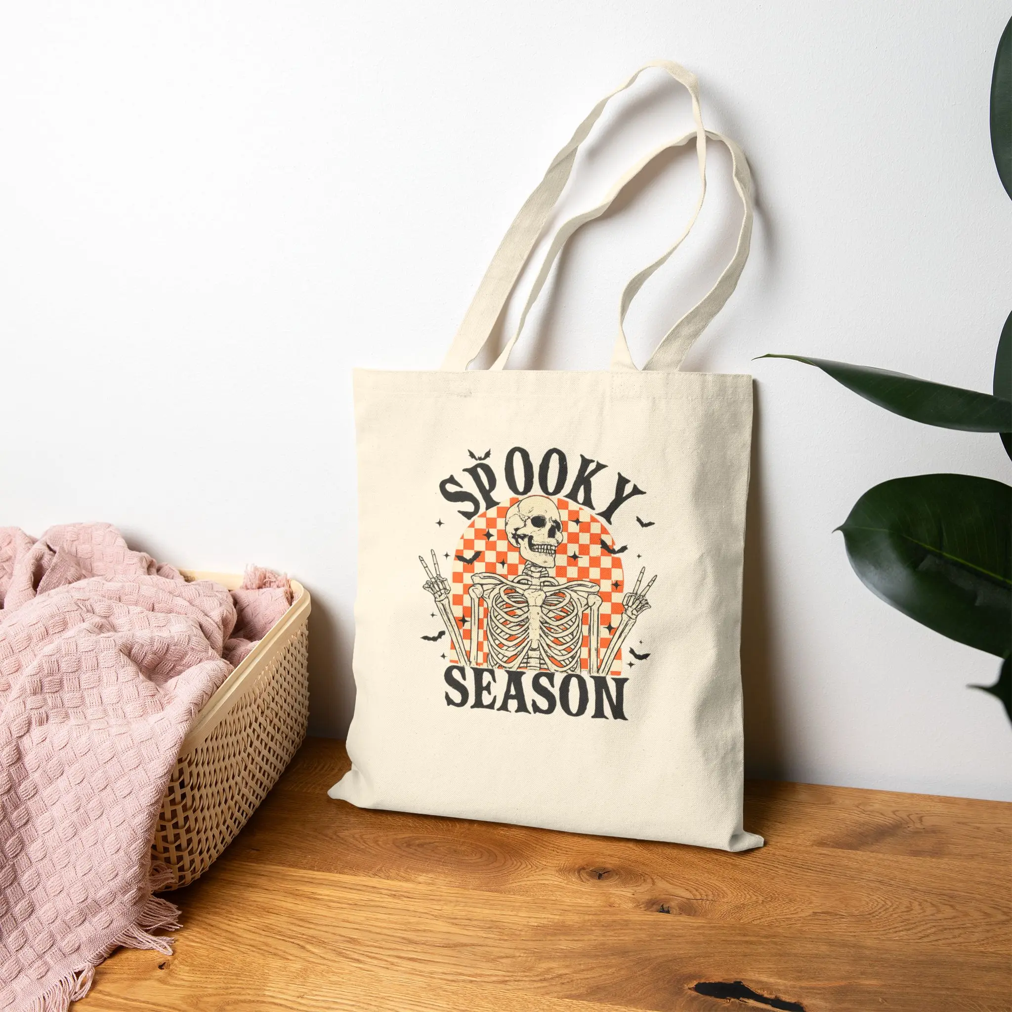 Spooky Season Skeleton Canvas Tote Bag | Cute Halloween Tote | Retro Fall Tote Bag | Gothic Pumpkin Patch Bag | Skeleton Book Bag | Autumn Gift