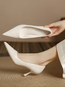 French Style Pointed Toe Stiletto High Heels, Sexy PU Leather Shoes for Women, Soft Sole Commuter Wedding Single Shoes