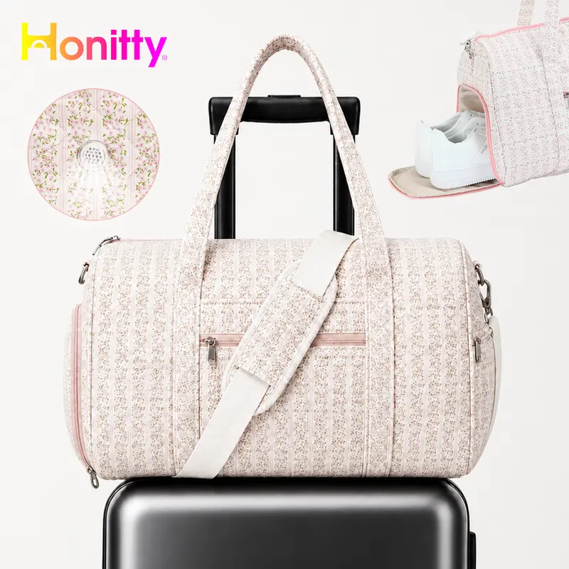 HONITTY Floral Quilted Duffle Bag - Female Dance & Gym Bag with Vented Shoe Compartment, Multi-Compartment Personal Item, Zipper Pocket, Portable Travel Luggage Accessory