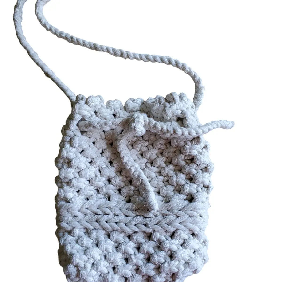 Handmade Macrame Bucket Bag, Natural Color, 100% Cotton, Adjustable Strap, 8x9x3