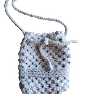 Handmade Macrame Bucket Bag, Natural Color, 100% Cotton, Adjustable Strap, 8x9x3