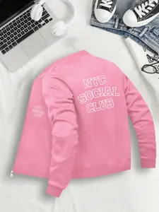 Fashionable Women's Jacket with Nyc Social Club Graphic, Casual Fitted Outerwear, Zipper Closure, Pockets, Sizes S to Xxl