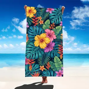 Large Beach Towel Featuring a Lively Hibiscus And Palm Leaves Pattern, Designed for Quick Drying And High Absorbency, Perfect for Pool And Beach Outings