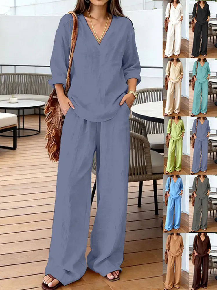 Eagej Women's Washed Cotton 2-Piece Set - Relaxed V-Neck Long Sleeve Pullover Top, High-Waisted Wide-Leg Pants, Lightweight Casual Resort Outfit, 2 Piece Sets, Women 2 Piece Sets Clothes Denim
