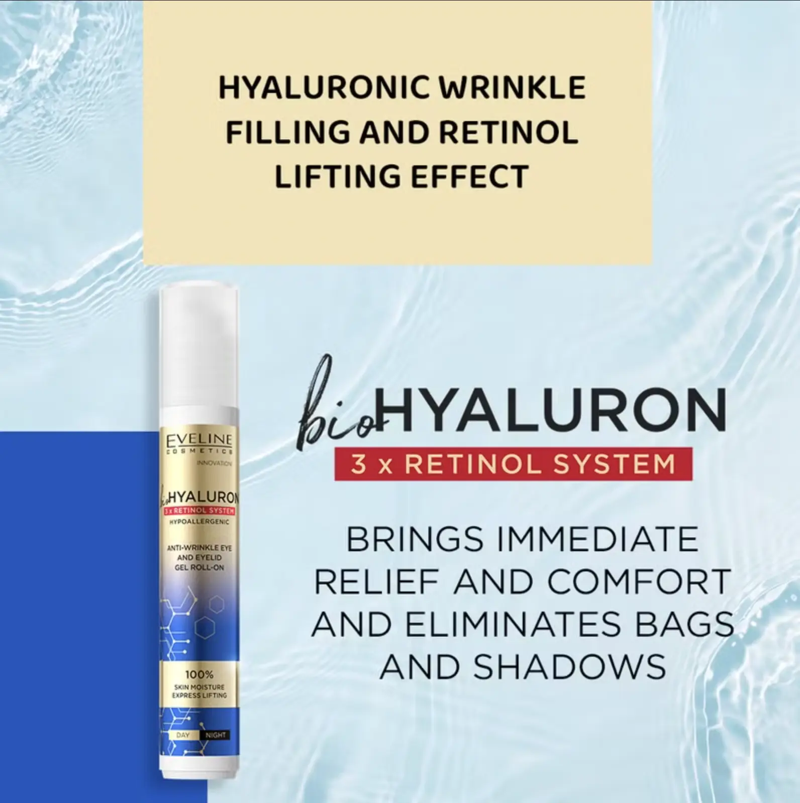 Eveline Cosmetics Bio Hyaluron 3X Retinol System Roll-On – Moisturizing & Comforting Skin Care with Caffeine