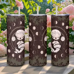 1pc 20oz Halloween-themed stainless steel insulated tumbler with skullpanda character collage design, suitable for coffee, milk, beer drinks, and comes with a straw