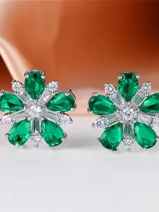 Synthetic Crystal Green Stone Flower Shining Earrings, Silver Retro Color, Women's Wedding Jewelry
