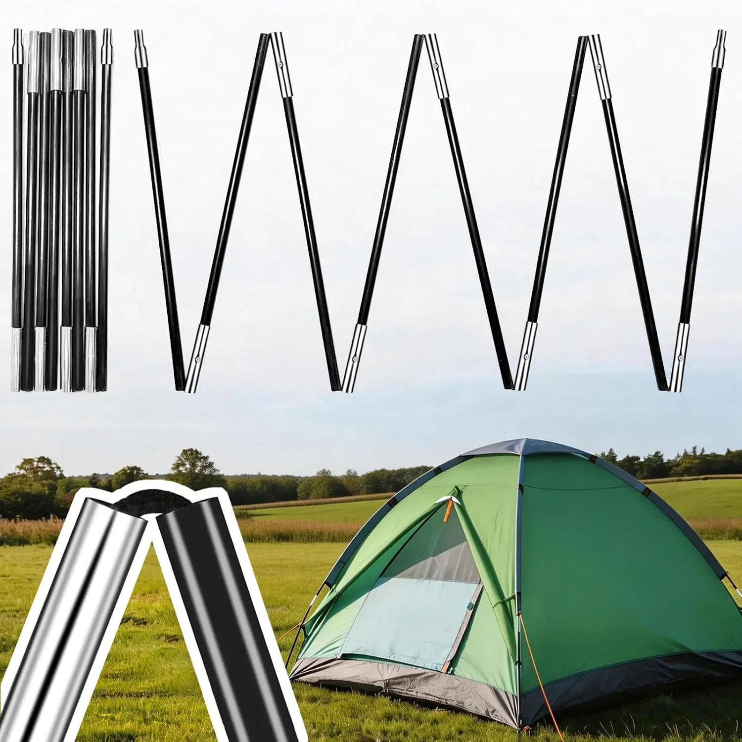 Pre-Assembled Adjustable Portable Fiberglass Tent Poles Replacement 2 x 8.69Ft 8MM Black For Hiking Awning Camping Tent Repair Outdoor Shelter Support 104in