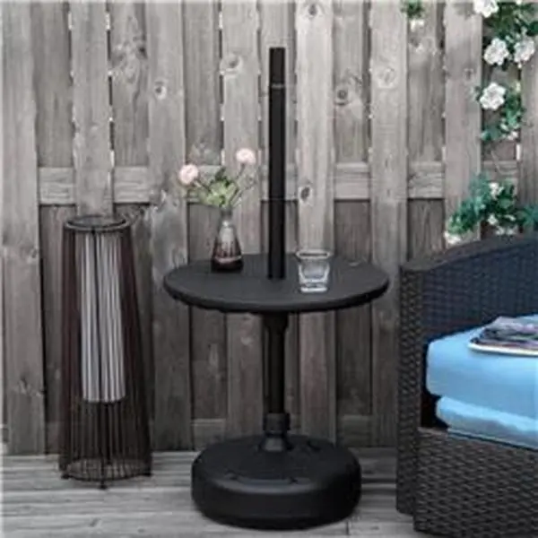 Portable Round Umbrella Table Tray - 19.75" Dia, Black, HDPE & Steel, Lightweight, Wood Grain, Durable Outdoor Furniture Accessory