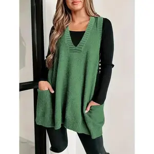 Plus Size Solid Pockets Sweater Vest, Casual V Neck Sleeveless Vest, Women's Plus Size Clothing Can be used with raincoat Womenswear Basic