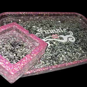 Fumale Broken Glass and Pink Glitter Tray Functional Glamorous Design with Sparkling Accents