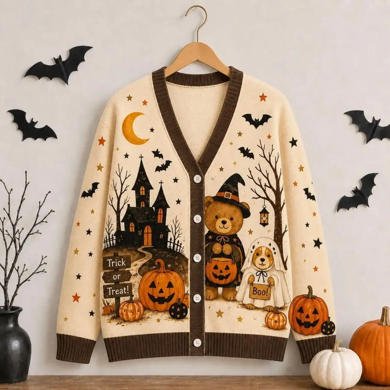 Cute Halloween Cardigan, Witch Teddy Bear Ghost Dog Haunted House Pumpkin Knitted Button Sweater