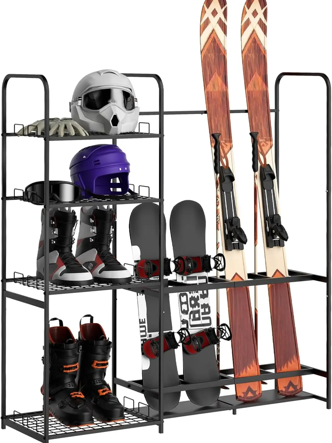 Heavy-Duty Metal Ski Rack, Freestanding Indoor Storage Organizer for Garage with Shelf, Holds Snowboards, Poles, Boots, Goggles, and Helmets, Freestanding Design, Holds Snowboards, Poles, Boots, Goggles, Helmets, Indoor Ski Storage, Ski Poles
