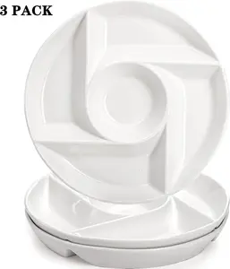 3-Pack Ceramic Chip & Dip Tray – 10" Porcelain Serving Platter with 5 Compartments for Snacks, Veggies & Parties!