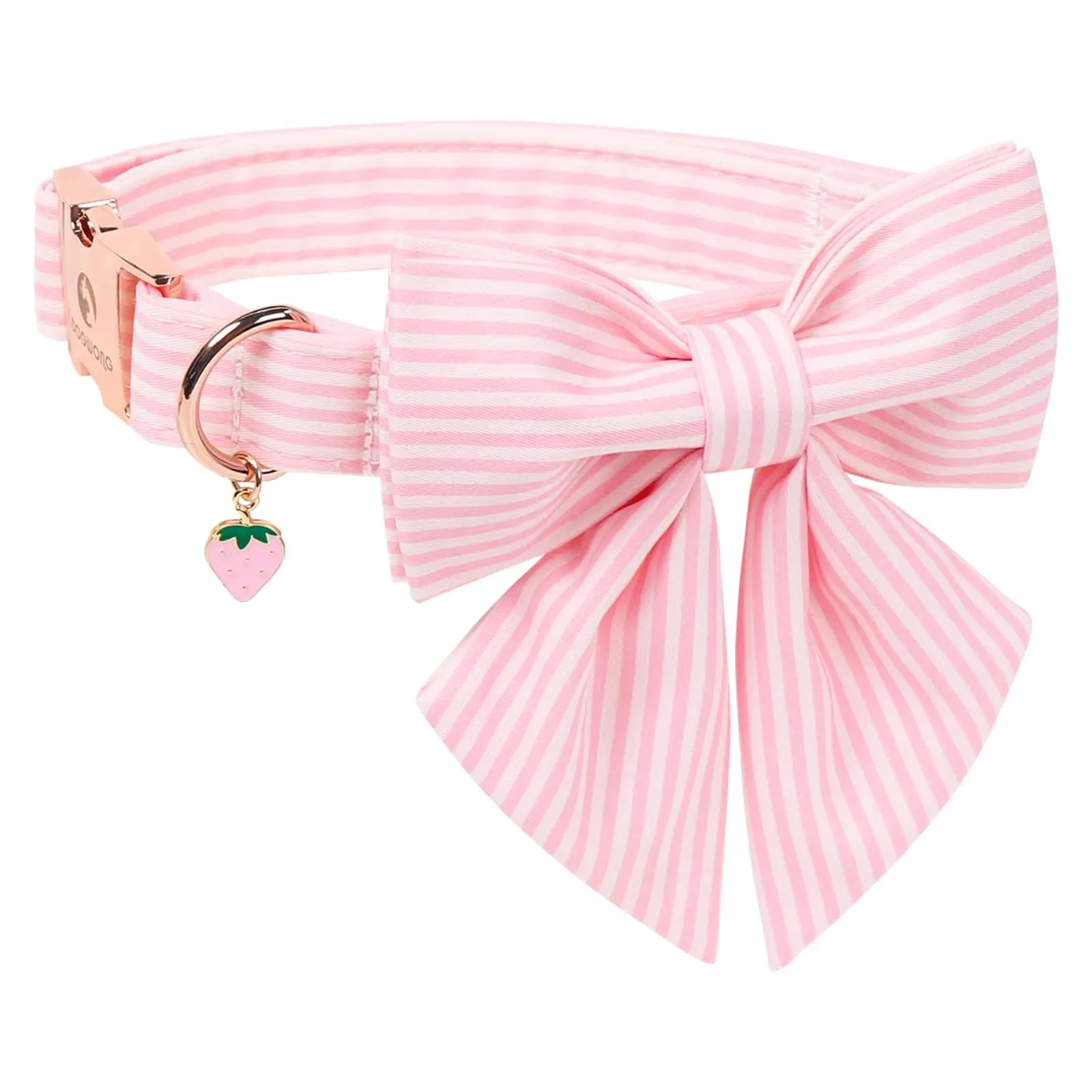 Pink Striped Heavy-Duty Adjustable Dog Collar with Bowtie & Strawberry Pendant for Girl Puppies, Pet Supplies Accessory