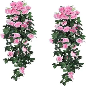 Artificial Rose Vine, 2 Counts Fake Rose Hanging Plant, Decorative Flowers for Home Window, Garden, Office and Terrace