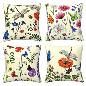 Spring and Summer Flower Sofa Pillow Cover, Suitable for Terrace Sofa, Outdoor Flower Dragonfly Pattern Pillow Cover, Garden Cushion Cover, Seasonal Home Decoration, 4-piece Set with Double sided Printing
