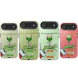 Trendy Grinchmas Drink Drank Drunk Plaid Gingham Funny Xmas Party Holiday Celebration Art Trendy Tough Phone Case. Festive Winter Aesthetic Heavy Duty Shockproof Protective Smartphone Cover for iPhone 17 Pro Max 16 Air 15 14 13 12 11.