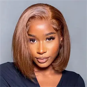 [hot] Glueless Short Bob Wig Chocolate Brown HD Lace Front Wigs On Clearance Sale 100% Unprocessed Vietnamese Human Hair Wigs Super Double Drawn Bone Straight Colored Virgin Hair 13x4 Lace Frontal Wig Pre Plucked Natural Hair Line Wear And Go