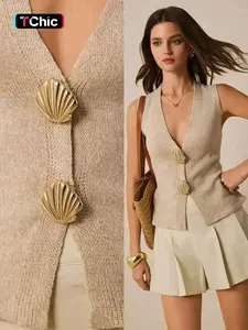 Women's Shell Decor Knit Sweater Vest, Casual Basic Sleeveless V Neck Knitwear for Spring&fall, Fashion Women's Knit Clothing for Daily Wear, Clothe, Womenswear, Lady Minimalist, Minimalist Fitted Vest