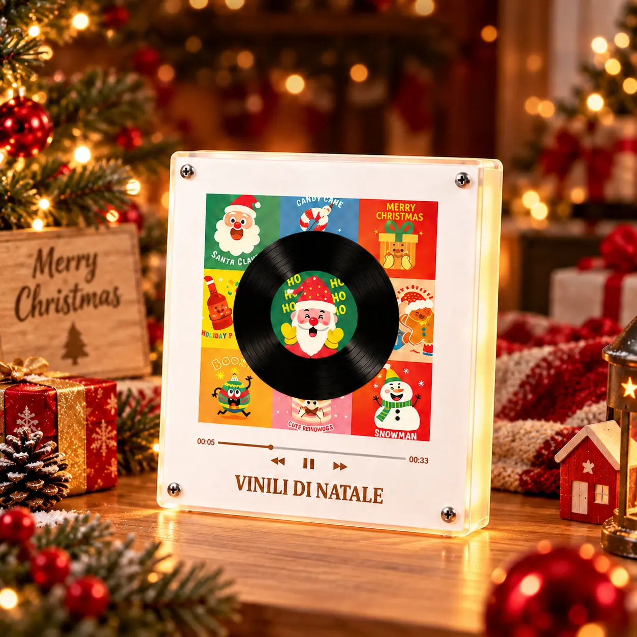 Compact NFC-Enabled Record Player Music Box - Personalized with 9 Mini Vinyl Discs, Custom Photo & Song, Rotating Light Effect, Play Songs, Holiday Gift for Birthdays