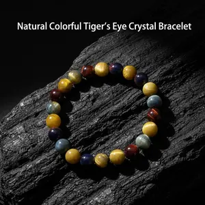 Natural tiger's eye crystal bracelet, relieves anxiety crystal 8mm beads triple protection jewelry bracelet, suitable for men and women