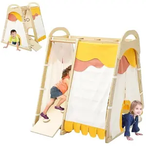 【GARVEE】7-in-1 Wooden Toddler Indoor Gym Playset with Tent, Monkey Bar, Rings, and Climbing Structure for Ages 3 and Up, Engaging Physical Activity and Play