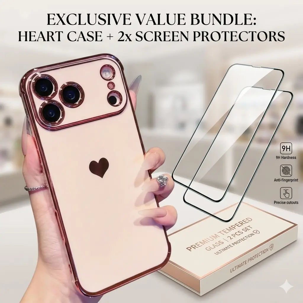 3pcs Set (1 Phone Case + 2 HD Screen Protectors) Suitable for iPhone 17/16/15/14 Pro Max, Simple and Elegant/slim and Lightweight Design Phone Case for 16 Plus/6D Electroplated Protective Cover. Suitable for Apple 16 E, Simple Heart Design Accessories