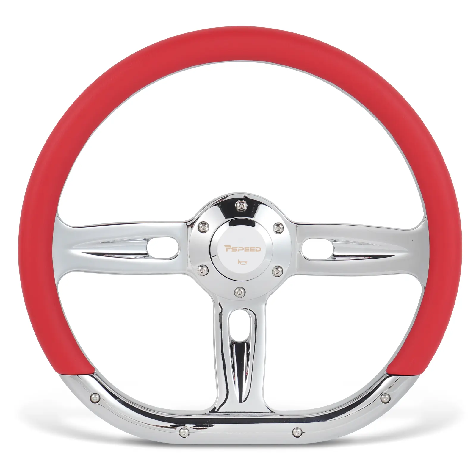14 inch Red D-Shaped steering wheel, 6 Bolt 3 Spokes Chrome-Plated aluminum Red Microfiber Leather Grip Deep Dish 50MM with horn Fit for Cars,for Classic Car,for Vintage Car steering wheel