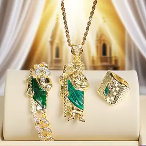 14K Gold Plated St. Jude Jewelry Set, Including Pendant Necklace & Bracelet & Ring, Green Accents - A Popular Gift