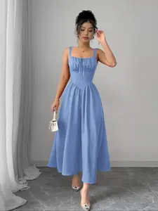 Women's Solid Shirred Dress, Trendy Elegant Sleeveless Dress for Party Holiday Wedding Guest, Ladies Clothes for All Seasons