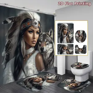 4PCS Native American and Wolf Shower Curtain set, Realistic Native Woman and Wolf Bathroom Decor, Accessories with Bath Mat, U-shaped Mat, Toilet Lid Cover, 12 Hooks 180x180cm Curtain, Tribal Spirit, Home Decor, bathroom accessories