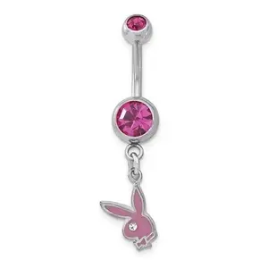 Surgical Stainless Steel Playboy Fuchsia and Clear Crystal Pink Enamel Dangling Bunny Belly Ring