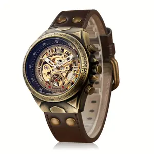 1pc Luxury Automatic Mechanical Watch for Men, Classic Skeleton Dial with Roman Numerals, Retro Fashion Accessory, Christmas/Thanksgiving Gift for Boyfriends & Fathers