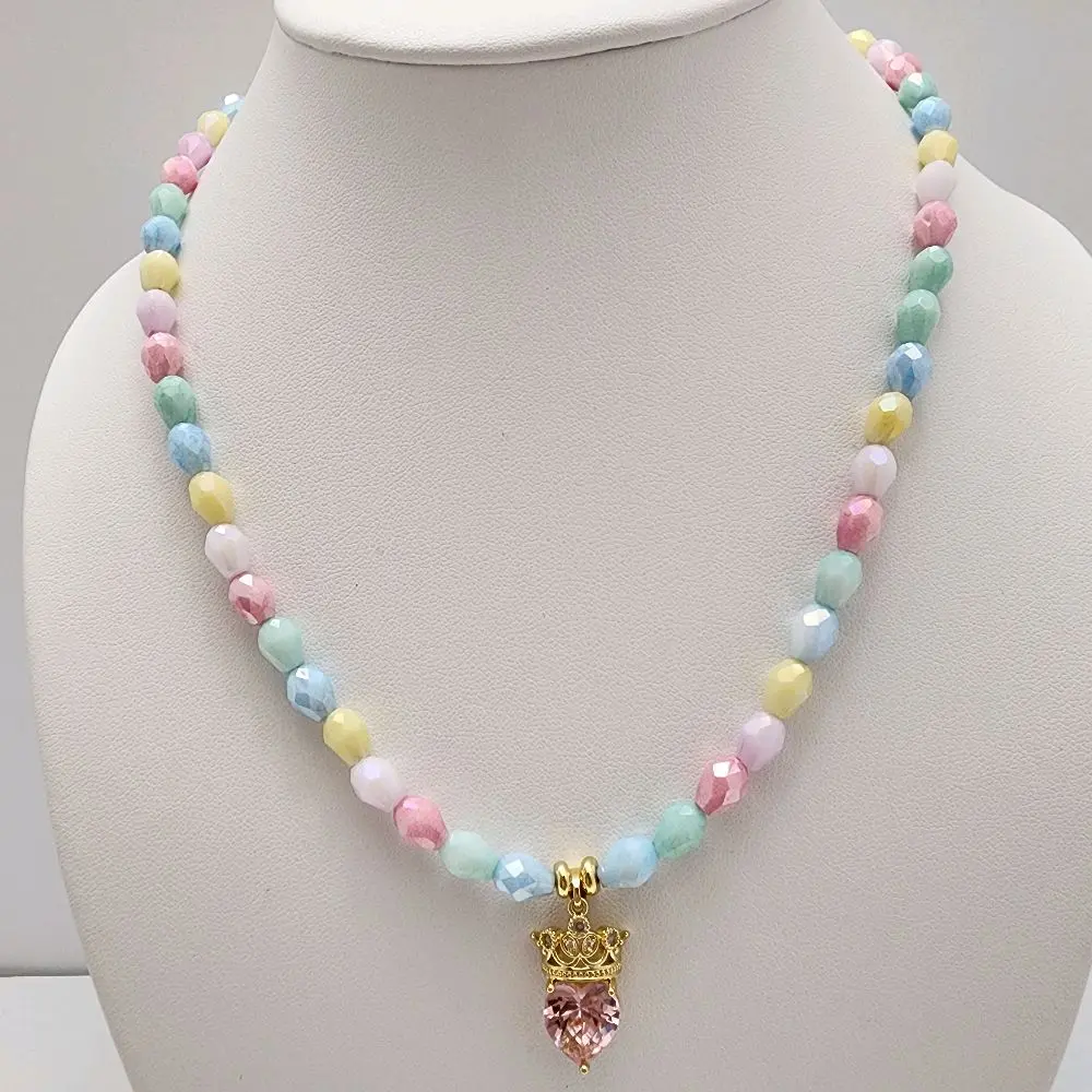 14k Gold Laminated Crystal Necklace with Gold Laminated Crown Heart Pendant. 3 different sizes to choose from