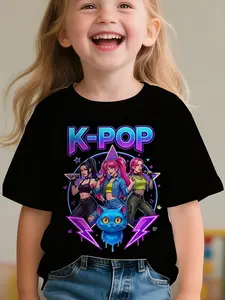 K-Pop Girls' Cat Short Sleeve T-Shirt, 3D Lightning Print, Trendy Loose Fit, Summer Streetwear, Casual Fashion Top for Kids