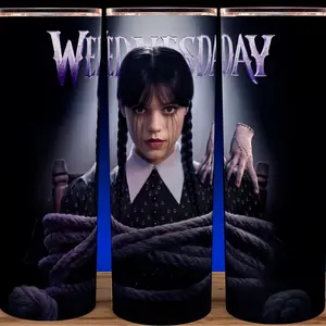 Wednesday Addams Tied Up with Thing Cup Mug Tumbler 20oz Stainless Steel Insulated Vacuum Flask with Rainy Day Design