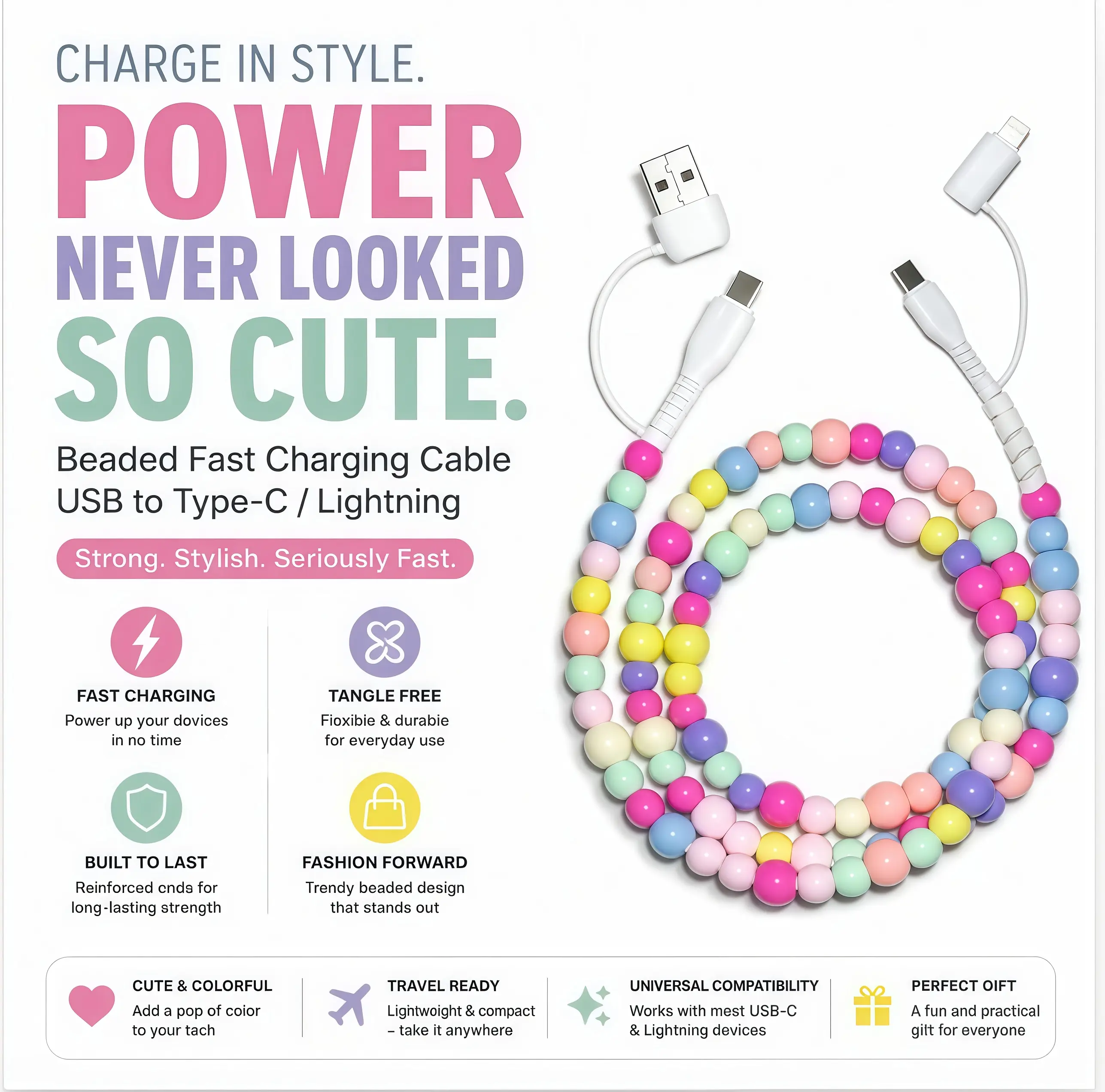 USB C Cable 4 in 1 Multi Beaded for iPhone Charger Cord MFi Certified 3.3FT Fast Charging Cable 66W Chubby USB A Type C IOS Cable Compatible with iPhone 17 16 15 Pro Max/iPad/Galaxy S26 Colored