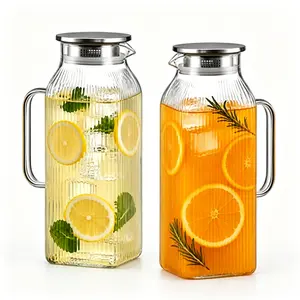 2 Pack 2 Liter/68 oz Square Glass Pitcher with Lid, Classic Stripes Water Pitchers with Handle for Fridge, Large Jug for Iced Tea, Coffee, Borosilicate Glass Carafe for Hot/Cold Brew Drink, Silver