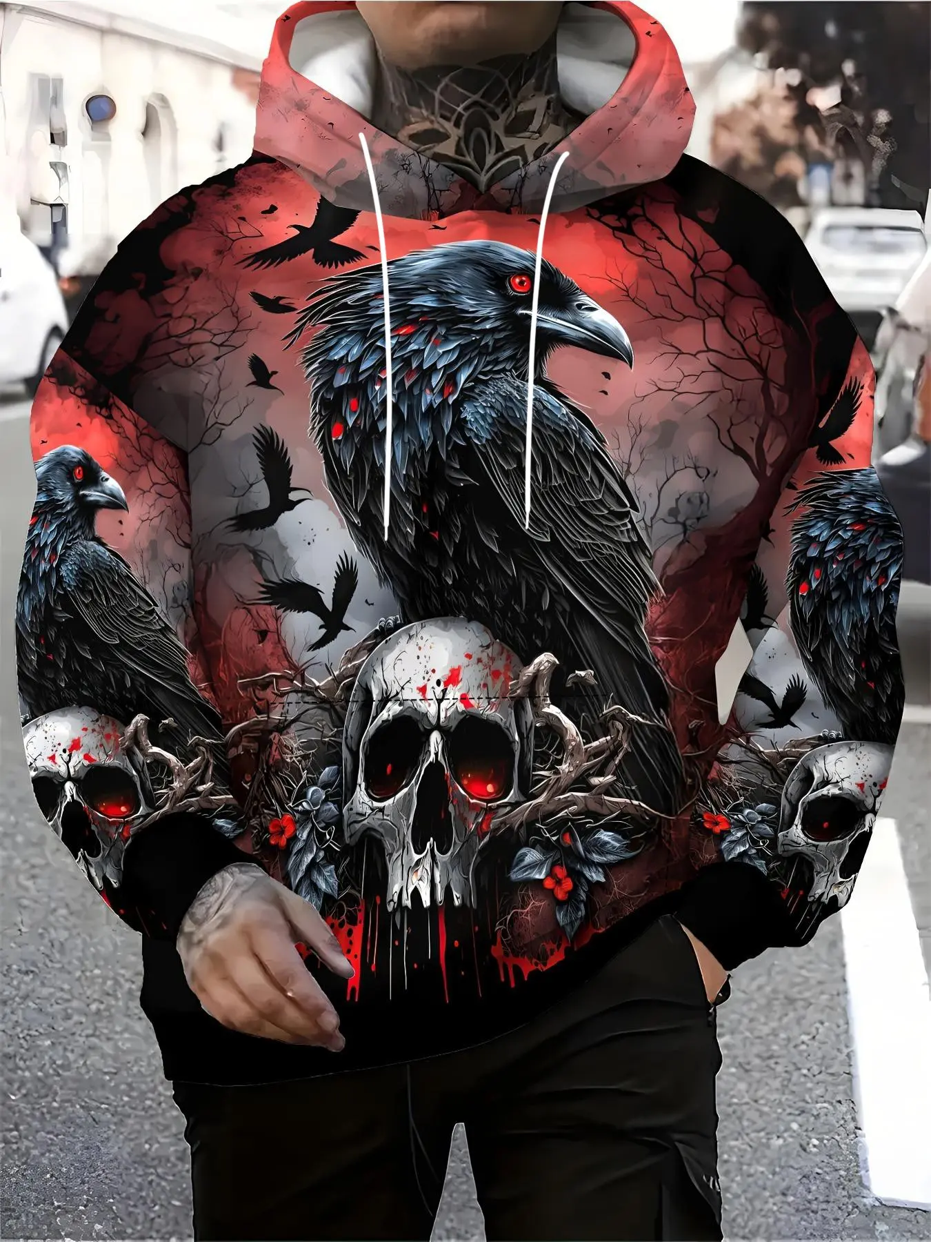 Men's Gothic Raven and Skull - Black Zip Sweater with Red Accessories for Concerts, Halloween and Casual Wear - Drippy Skull Hoodie - Avant-garde Men's Gothic Costumes, Concert Costumes, Comfortable Clothing, Costumes for Music Lovers, Gothic Hoodies