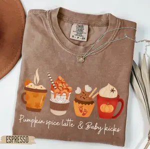 Comfort Colors Pumpkin Spice Latte & Baby Kicks T-Shirt, Fall Pregnancy Maternity Tee, Baby Kicks Shirt for Moms, Autumn Bump Announcement Tee